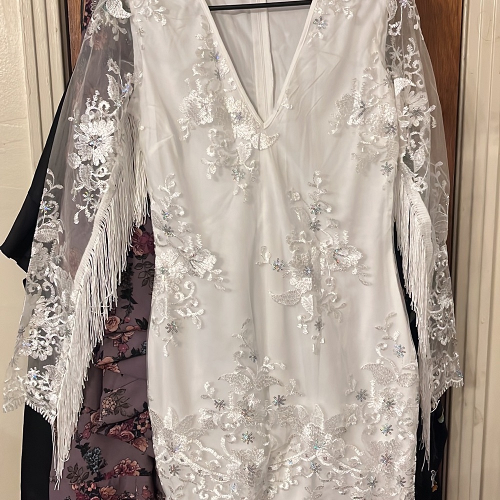 💚🩵🤍2/$40🤍🩵💚Southern Fried Chics white, silver fringe sequin Dress
